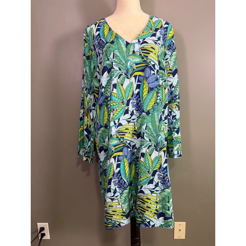 Soft Surroundings Shift Dress 2X Linen Tropical Bell Sleeve Resortwear Breezy - Picture 2 of 8